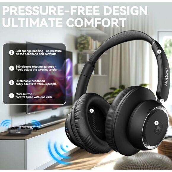 Mutbam Bluetooth Wireless Headphones w/ Transmitter – TV, Mobile, Laptop, 65Hrs - Picture 6 of 7